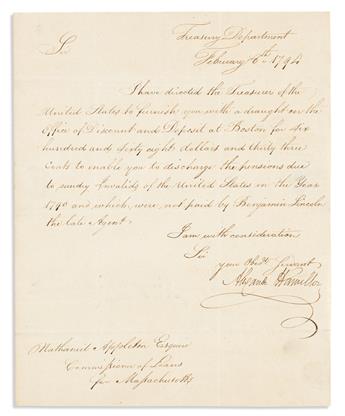 HAMILTON, ALEXANDER. Letter Signed, as Secretary of the Treasury, to MA Commissioner of Loans Nathaniel Appleton,